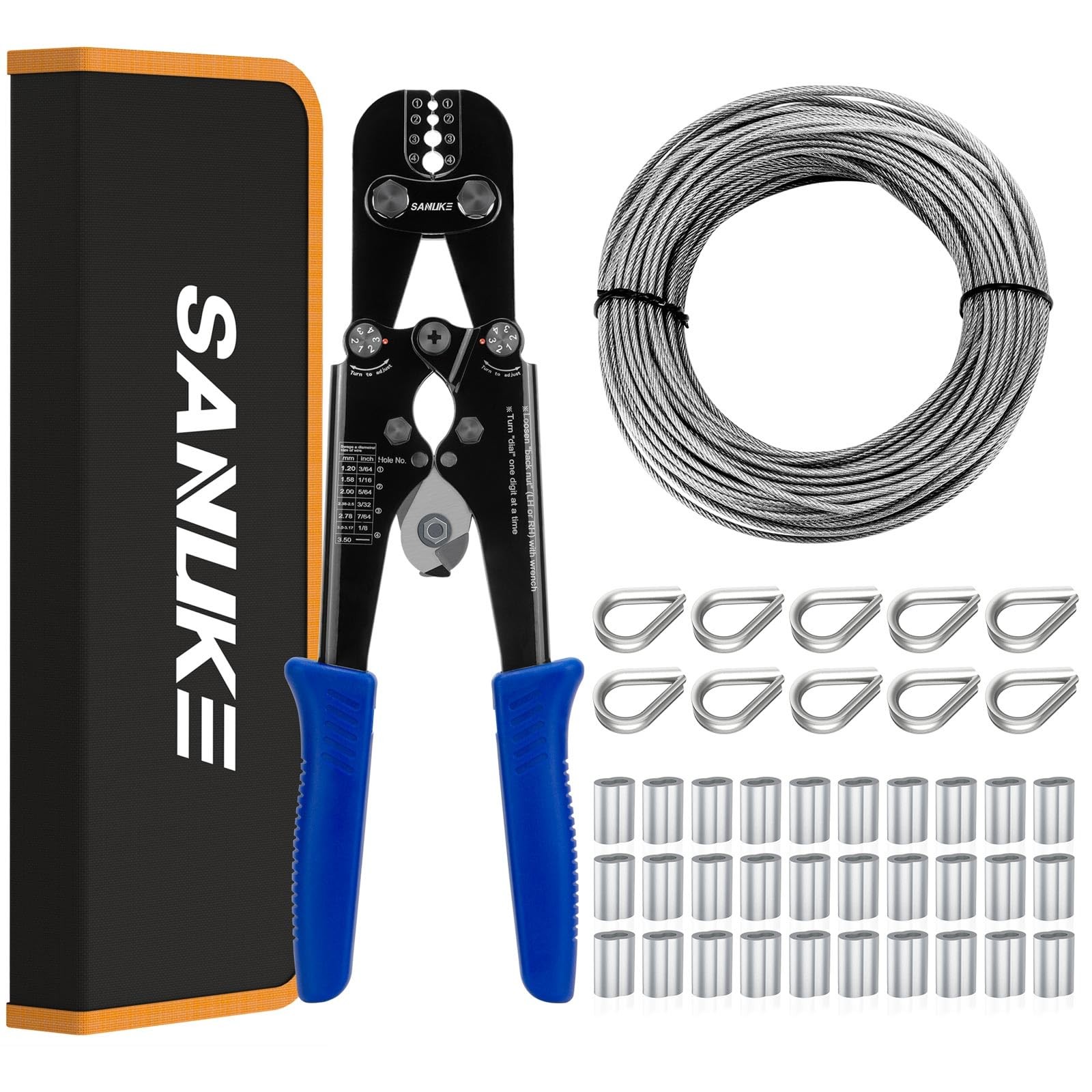 Wire Rope Crimping Tool Kit with 33ft 1/8" Stainless Steel Cable 7x7 Strand C...