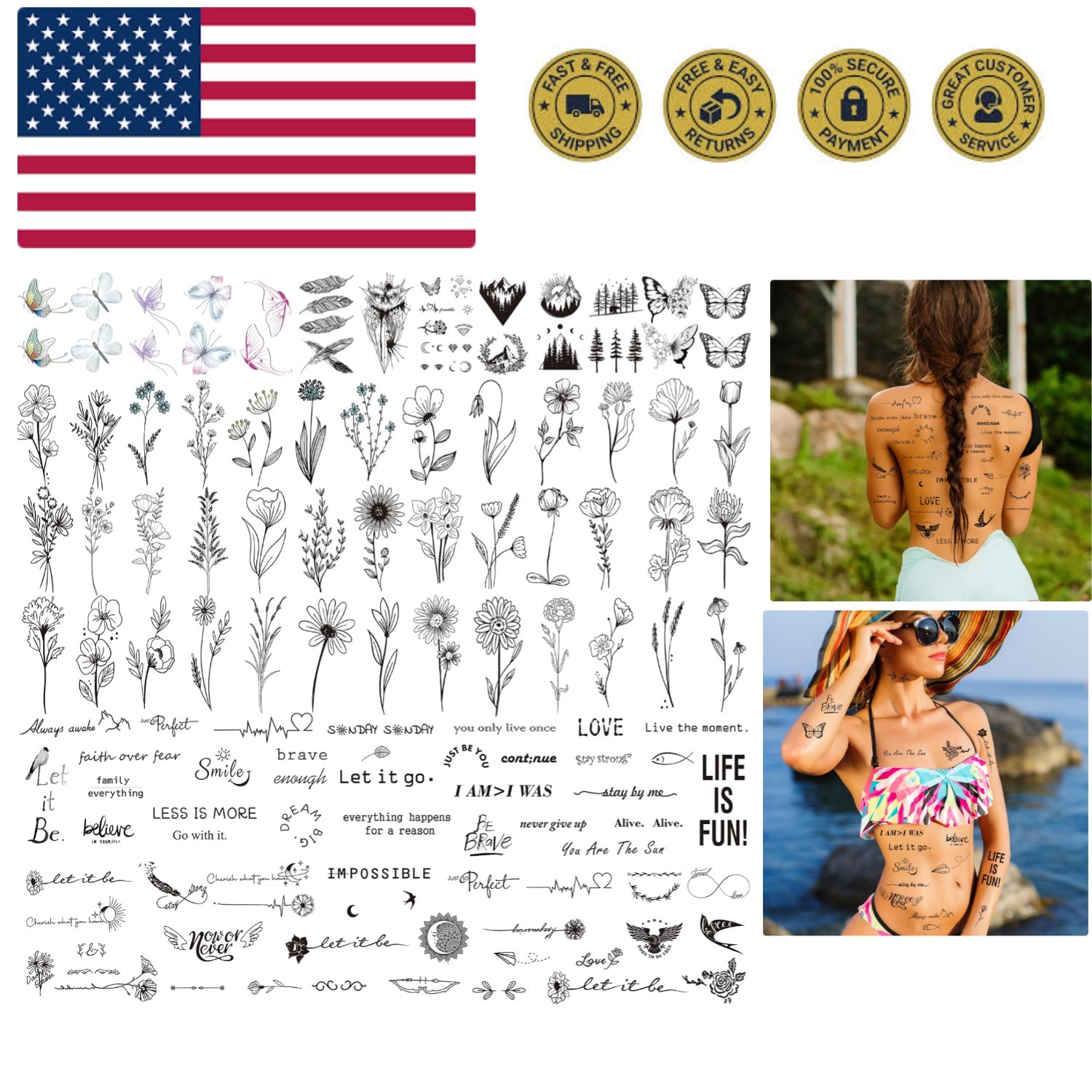 100 Sheets Realistic Temporary Tattoos, 240+ Pcs Multicolor Modern Floral & I...