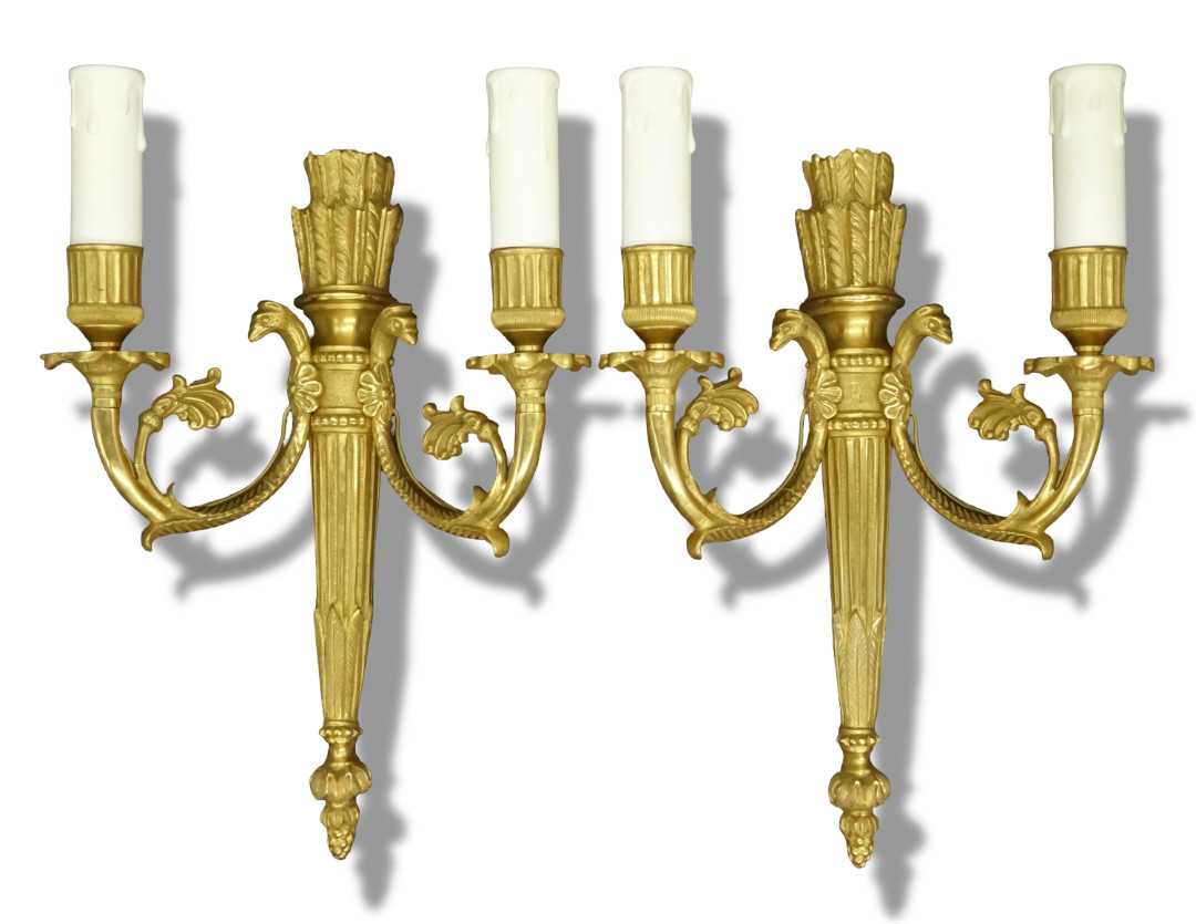 PAIR OF SCONCES, QUIVER & EAGLE HEADS, LOUIS XVI STYLE - BRONZE - FRENCH ANTIQUE