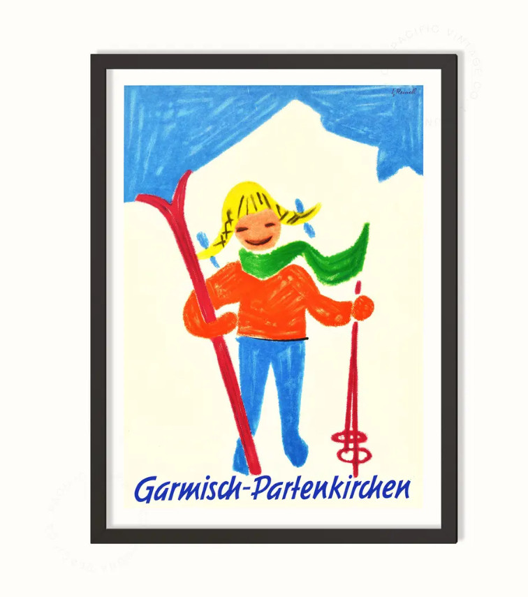 Vintage Garmisch-Partenkirchen Ski Poster – Charming Retro Winter Art Print
