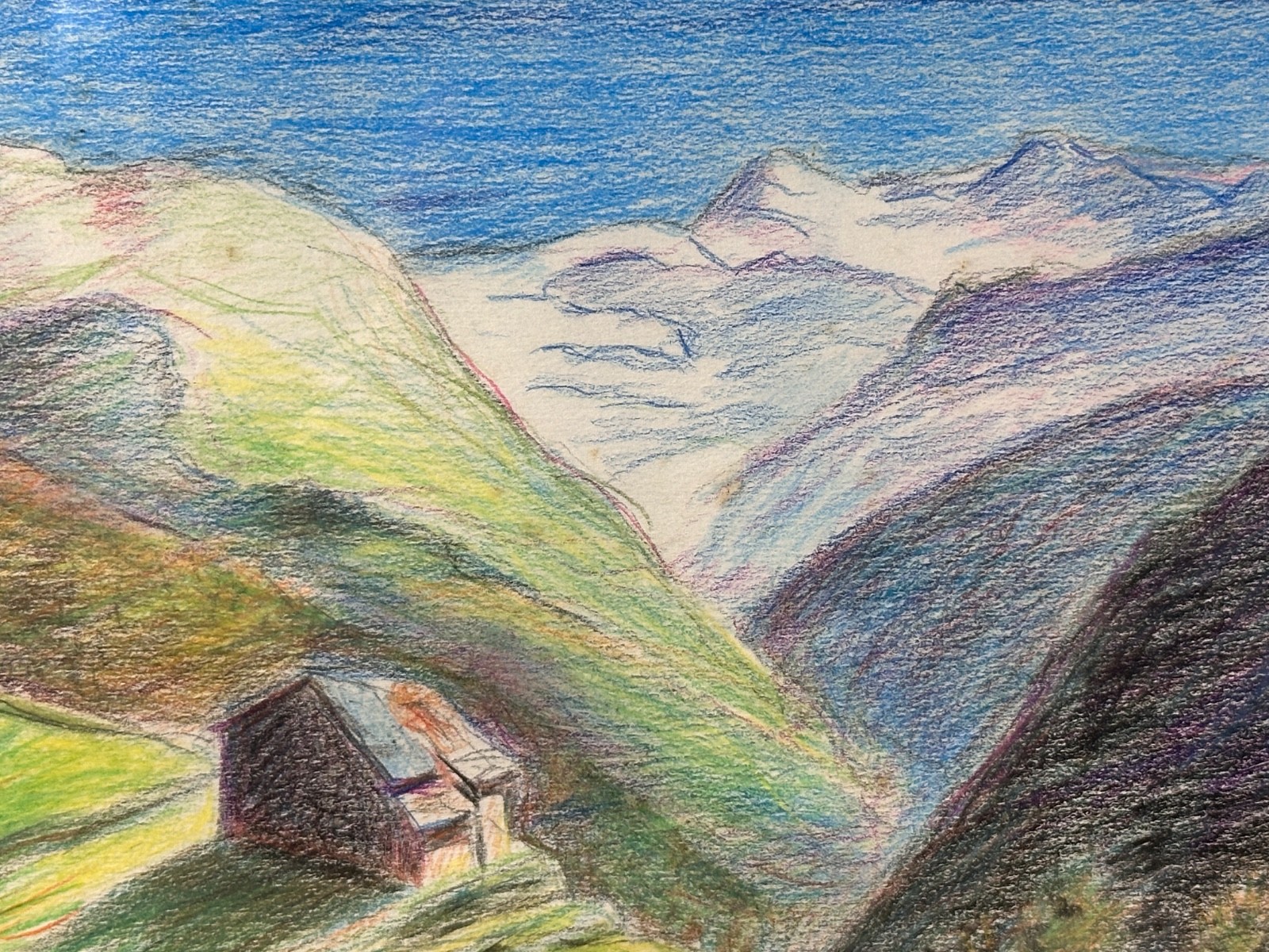 Antique Pastel Symbolist Painting Chalet The Alps Mountain Landscape VALAIS