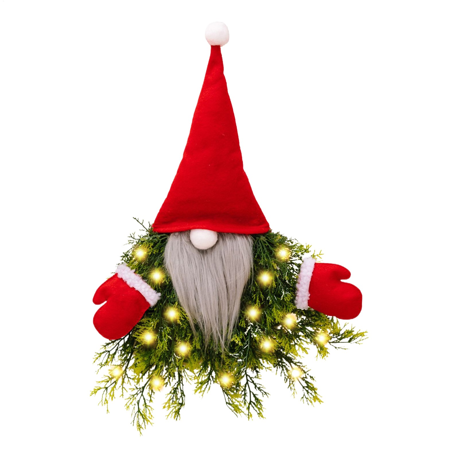 Door Gnome Wreath With LED Light, Artificial Pine Spruce Branches Advent Wreath