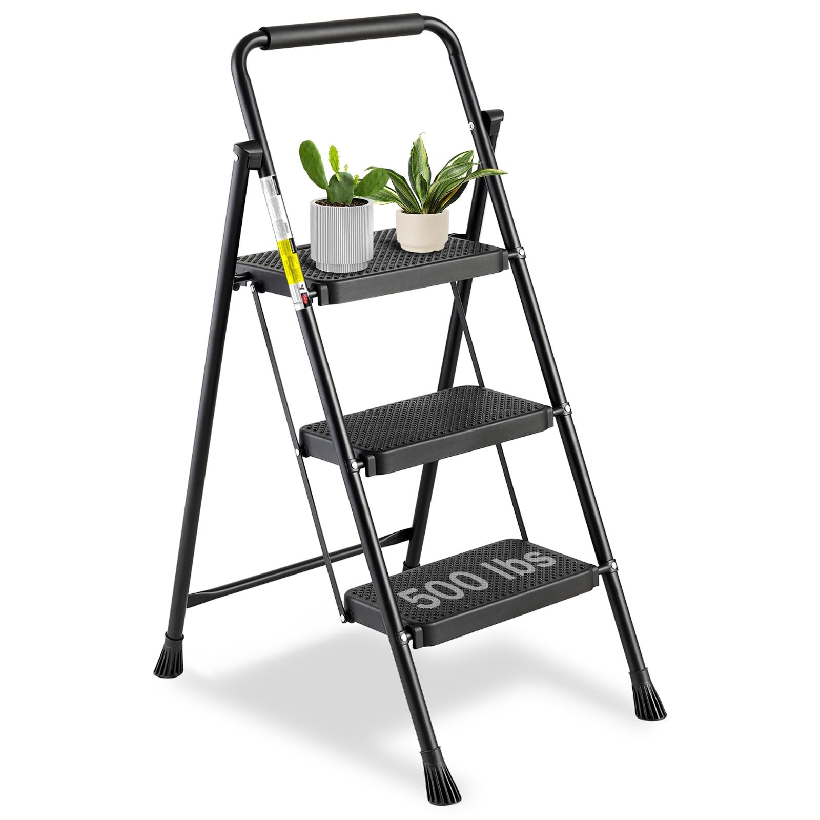 3 Step Ladder Folding Stool 500 Lbs Capacity for Adults & Kids Heavy Duty Steel