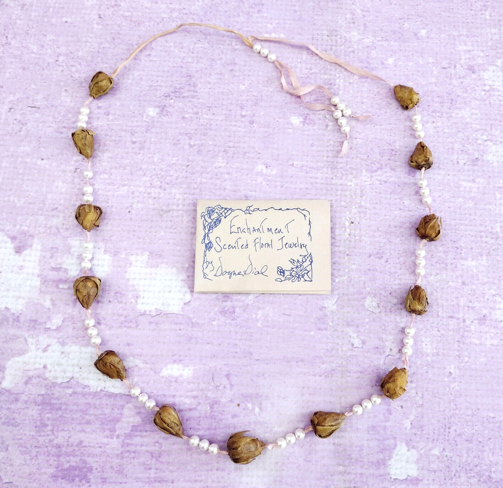 Scented Floral Necklace Dried Rosebuds Handmade Pink Faux Pearls Ribbon Wedding