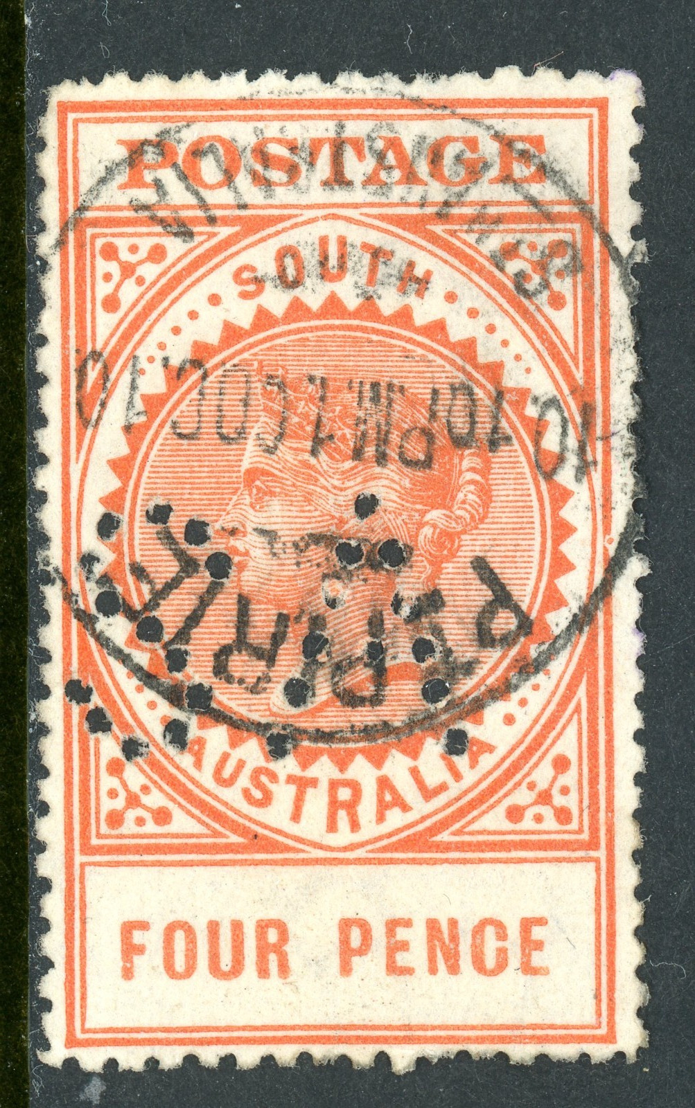 South Australia 1906 4p Orange Perfin Perf 12½ SG #299b VFU S56