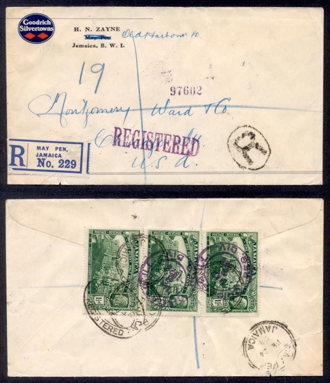 JAMAICA 1928 KGV COMBO REG ADVERT c/c TO USA