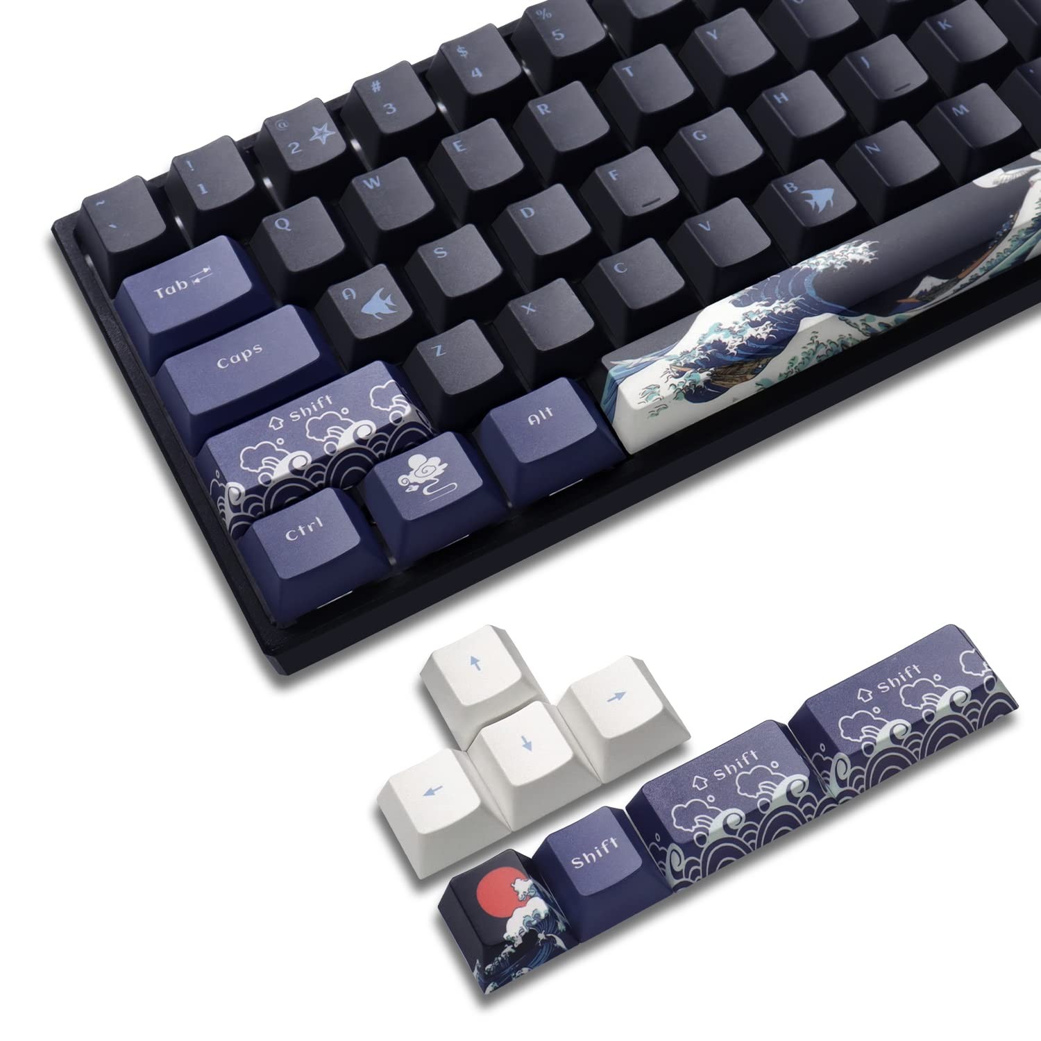 XVX PBT Keycaps - Great Wave of Kanagawa Japanese Design, Dye-Sub Custom Keyc...