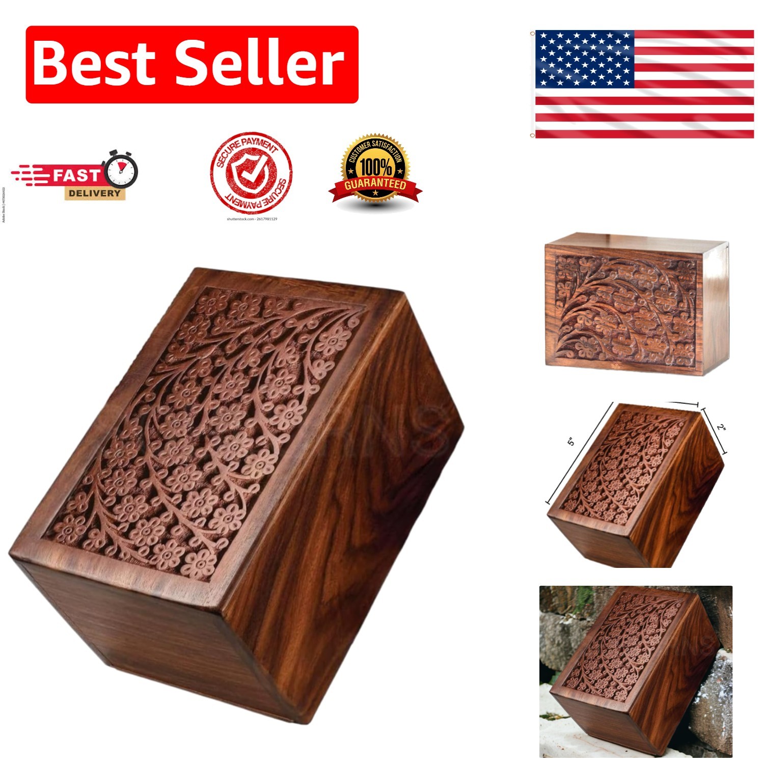 Beautiful Decorative Wooden Urn for Ashes - 10 lbs Capacity, Velvet Bag Included