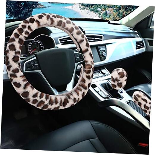 Fuzzy Steering Wheel Cover for Women Girls, short hair Beige/Dark Brown Leopard