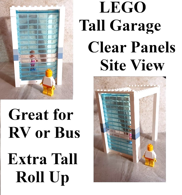 LEGO Tall Garage Door Roll Up Build On House RV Clear Panels Blue Stripes Base