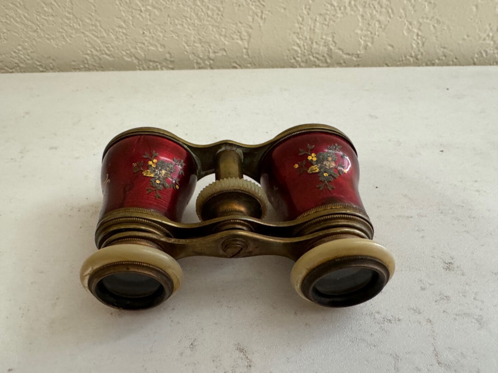 Antique Likely French Opera Glasses Binoculars w/ Red Enamel & Floral Decoration