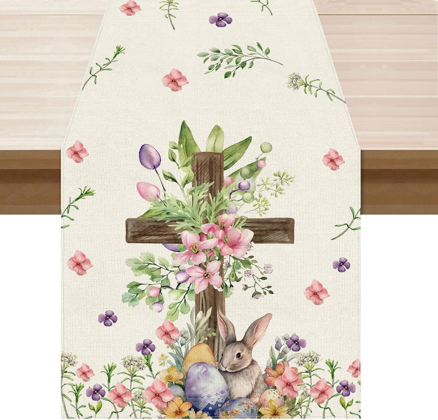Watercolor Bunny Cross Colorful Eggs Flowers Leaves Rabbits Easter Table Runner 