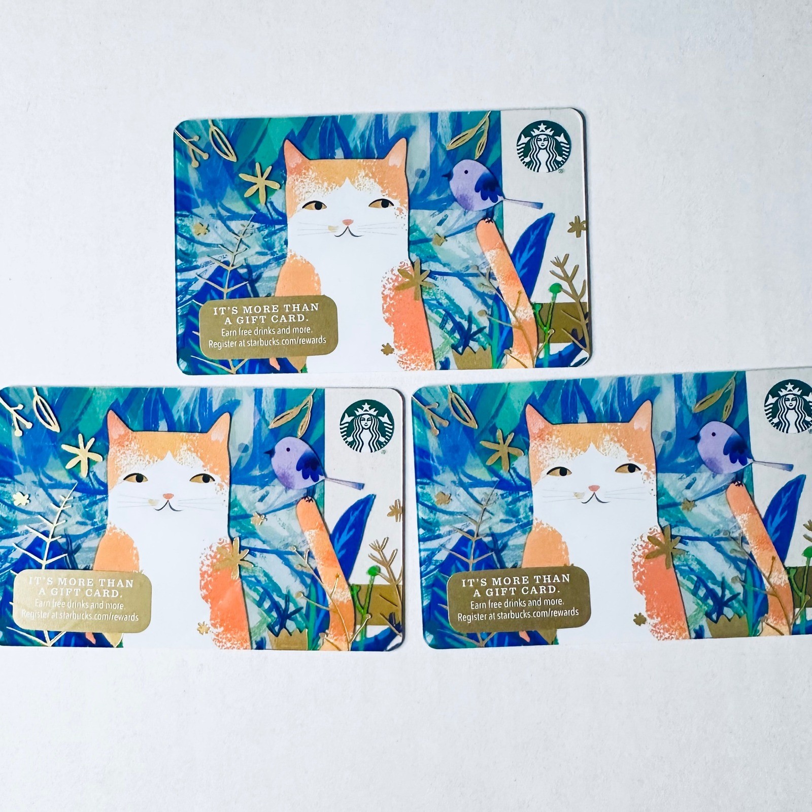RARE Starbucks Gifts Card Orange Calico Cat Blue Bird Collectible 2016 Lot of 3