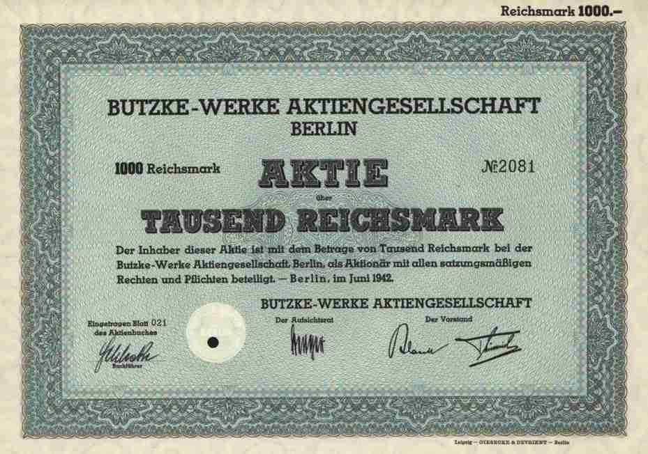 Butzke Werke 1942 Berlin Wessel Bonn AQUAROTTER Ludwigsfelde 1000 RM Frankfurt