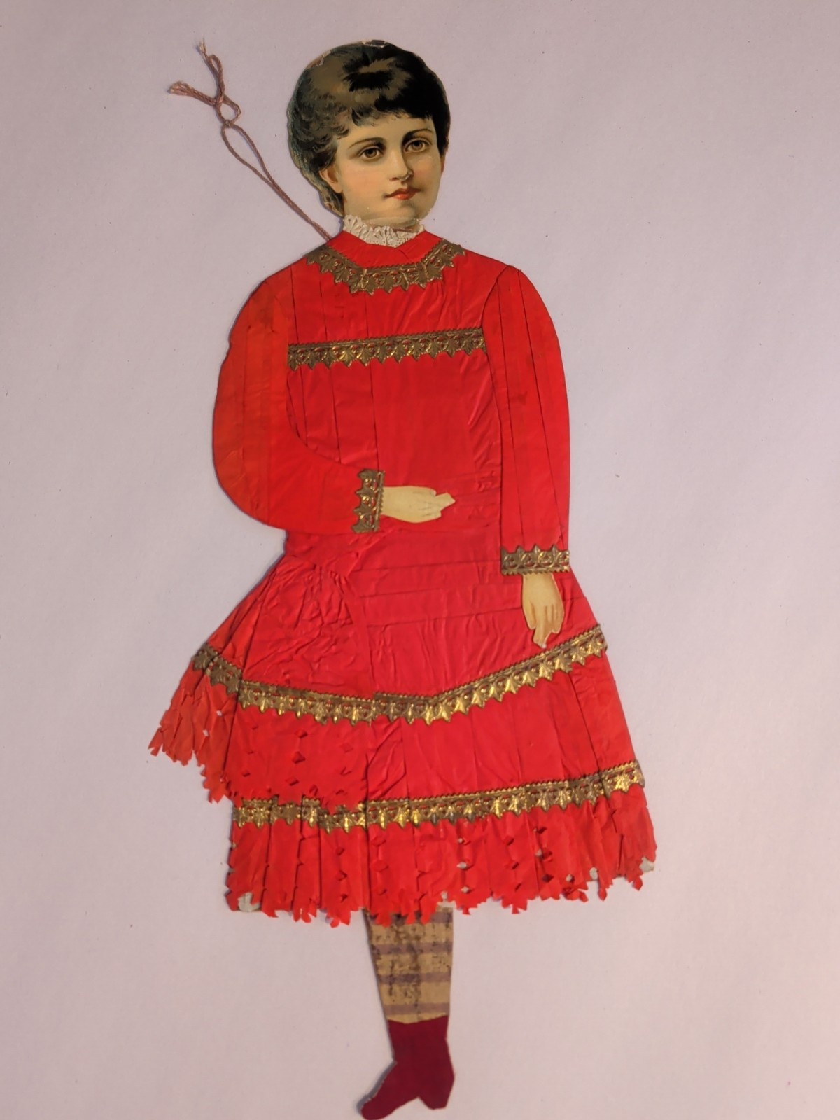 Vintage Victorian  Paper Doll Handmade Red Tissue Paper Gold Die Cut Trim Dress