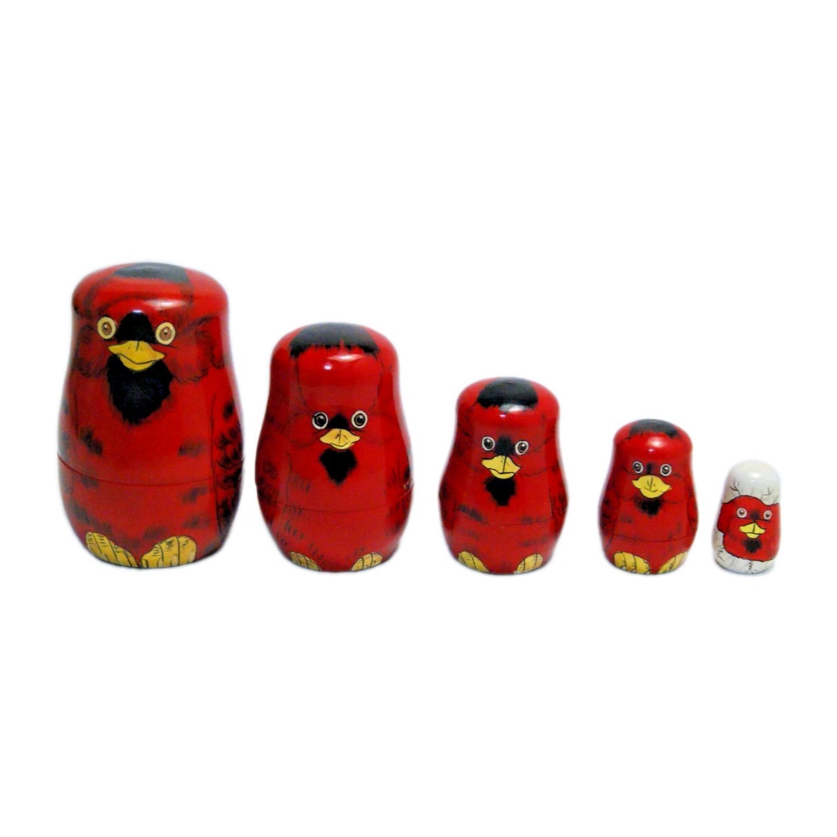 Nesting Doll Birds Cardinals Hand Painted Wood 5 Piece Red 4" Tall Matryoshka