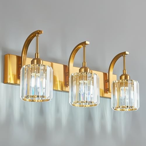 3-Light Crystal Vanity Light, Modern Gold Bathroom 3-Light 23.62in Gold Round