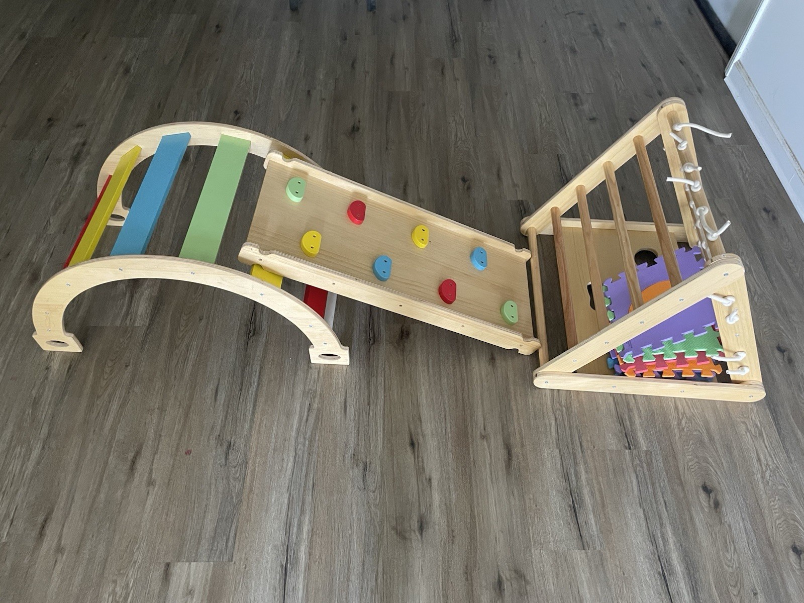 Wooden Indoor Climbing Play Set with Ramp, Arch, and Triangle
