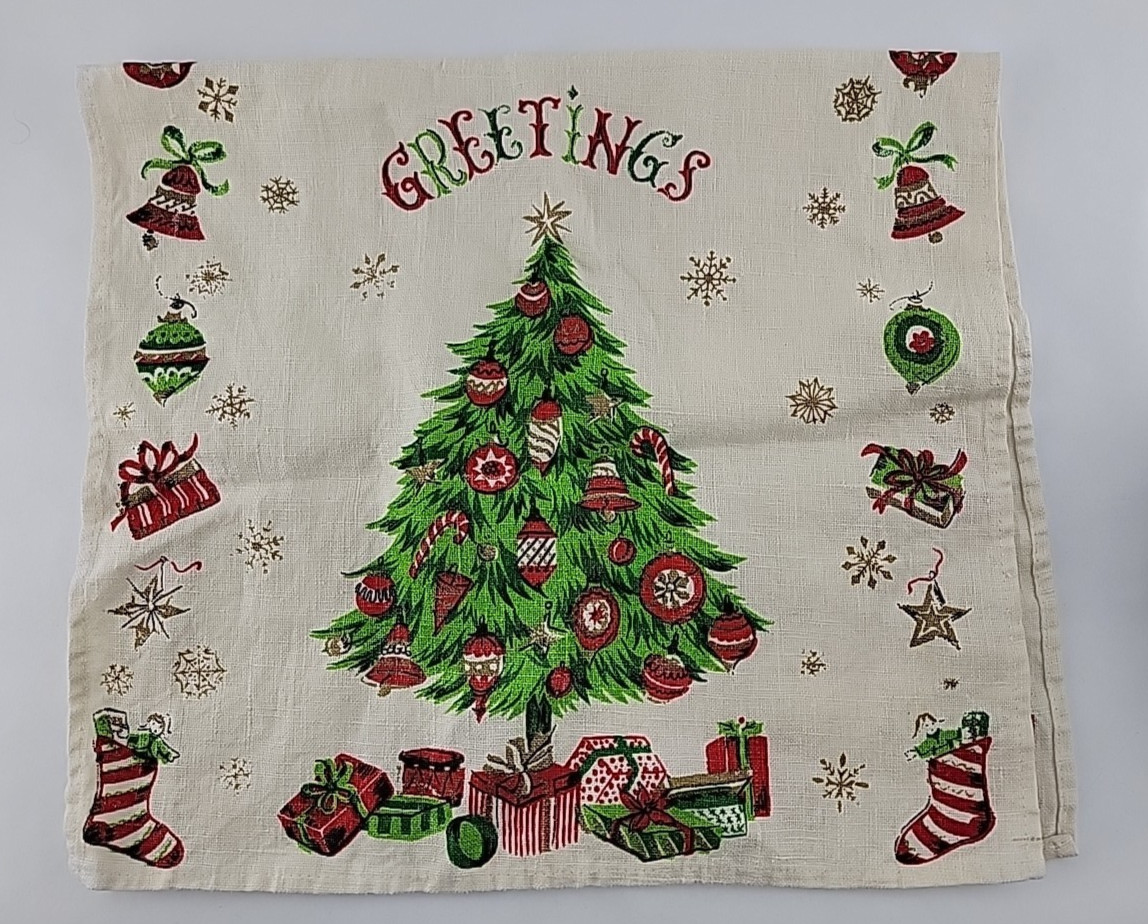 Vintage Christmas Tree Kitchen Towel Holiday Ornaments Retro Dish Towel Linen