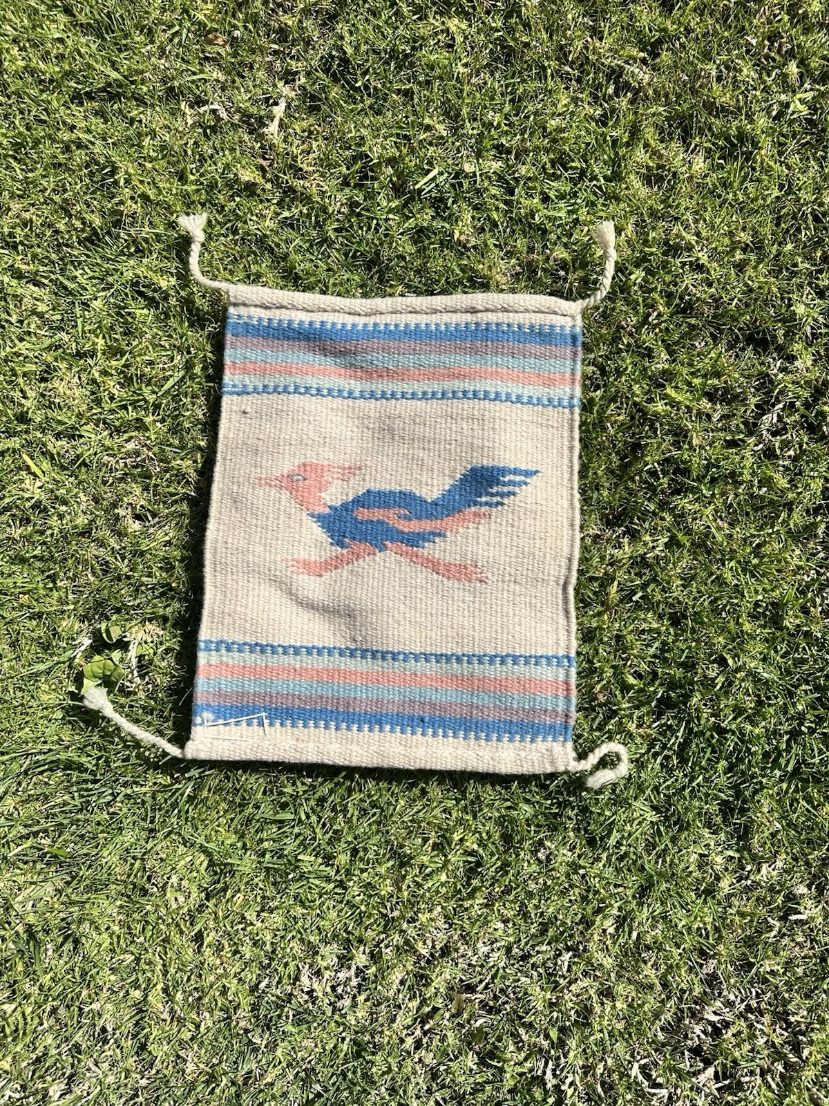 Handmade  100” Wool Tapestry 16”x12” Pastel Colors Depicting a Roadrunner Mexico