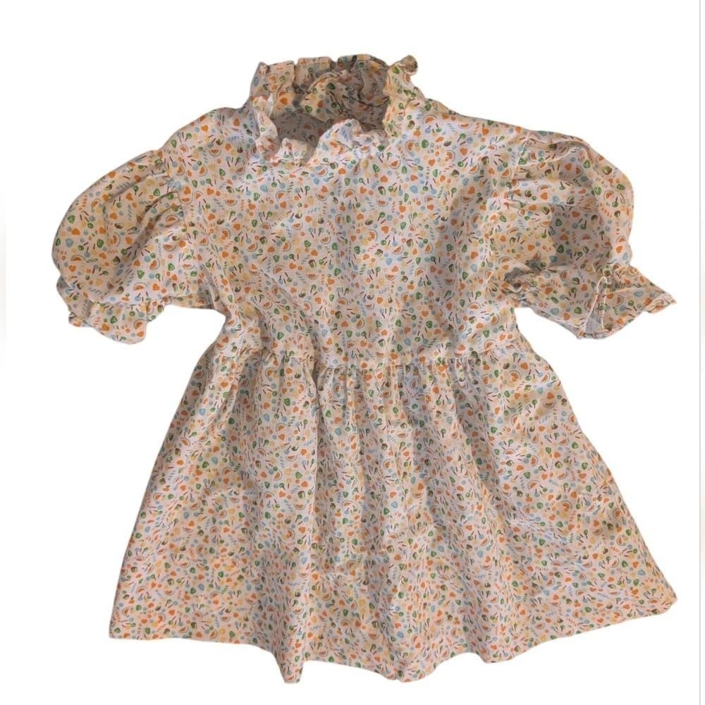 70s 80s Vintage Polly Flinders All Over Fruit Hearts Print Girls Dress Ruffles