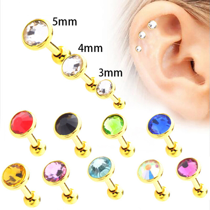2X 3-5mm Gem Ear Stud Helix Tragus Cartilage Gold Steel 6mm Bar Earring Piercing