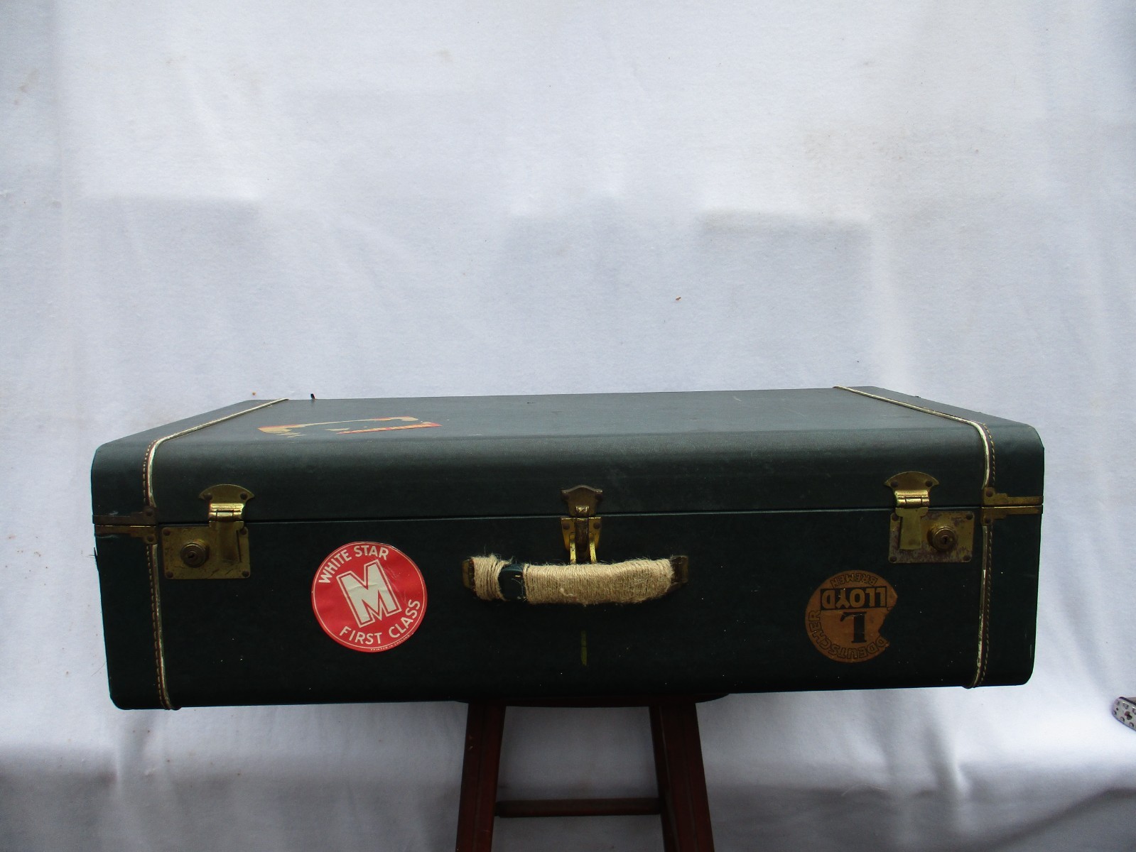 Green Tweed Vintage Leather Suitcase 1940s Luggage 29x16x9 Free Shipping