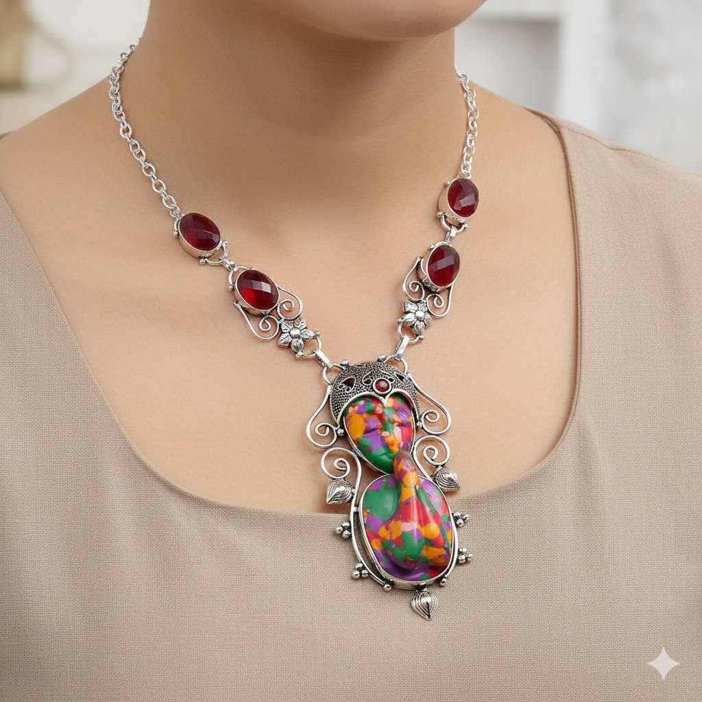 Mosaic Balloon Jasper, Garnet Gemstone 925 Sterling Silver Necklace 18" A215