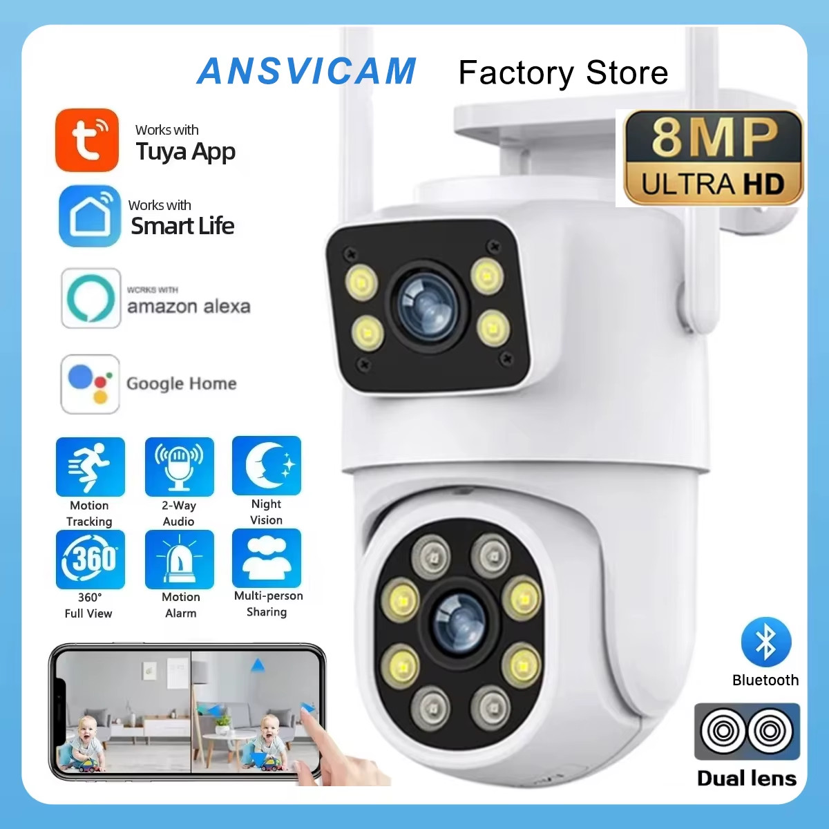 4K 8MP Tuya Dual Lens PTZ WIFI Camera Full HD Dual Screen Ai Human Auto Tracking