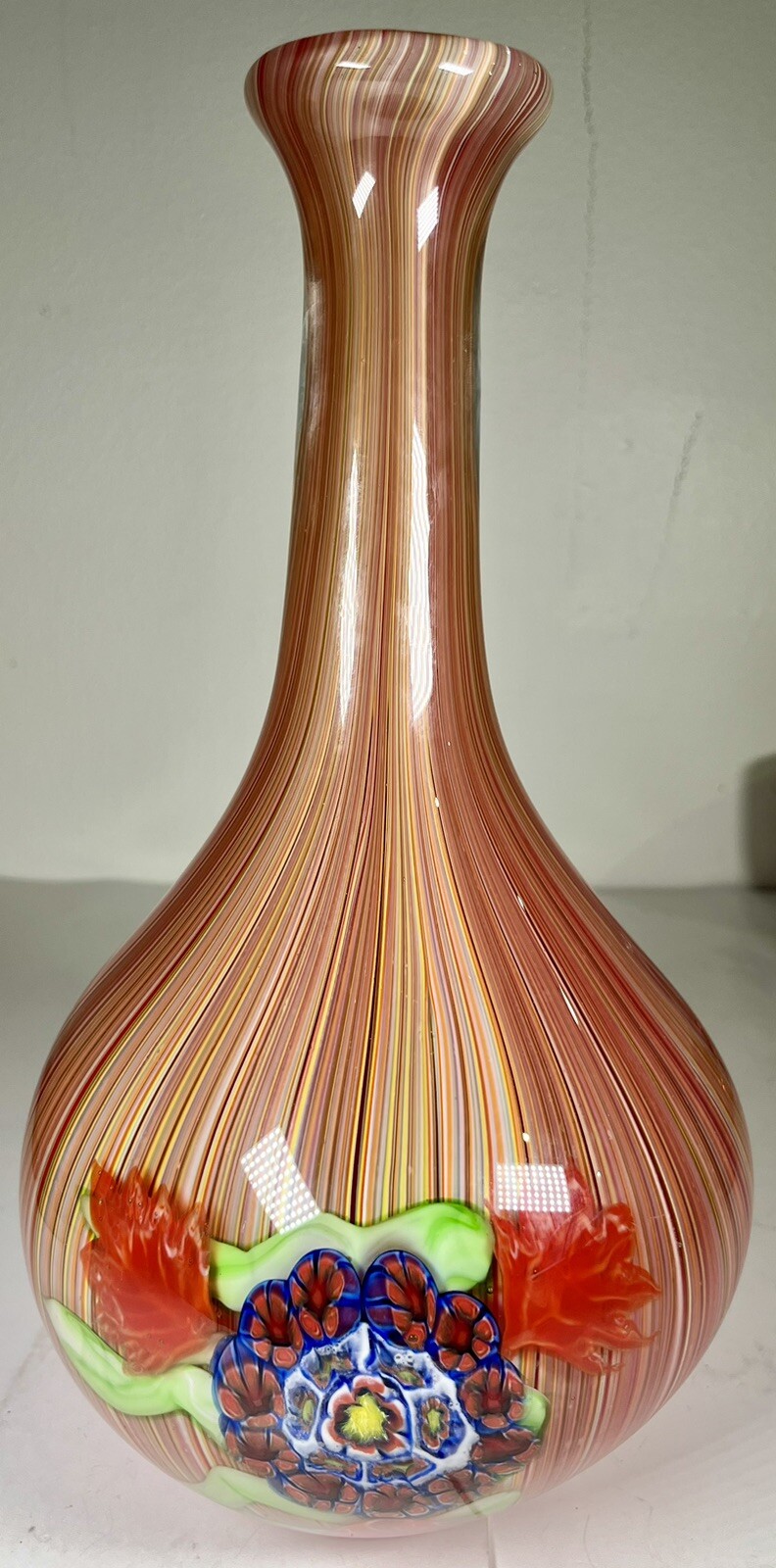 VTG Millefiori Flower Orange Red Art Glass Swirl 13" Tall Bud Bulb Vase