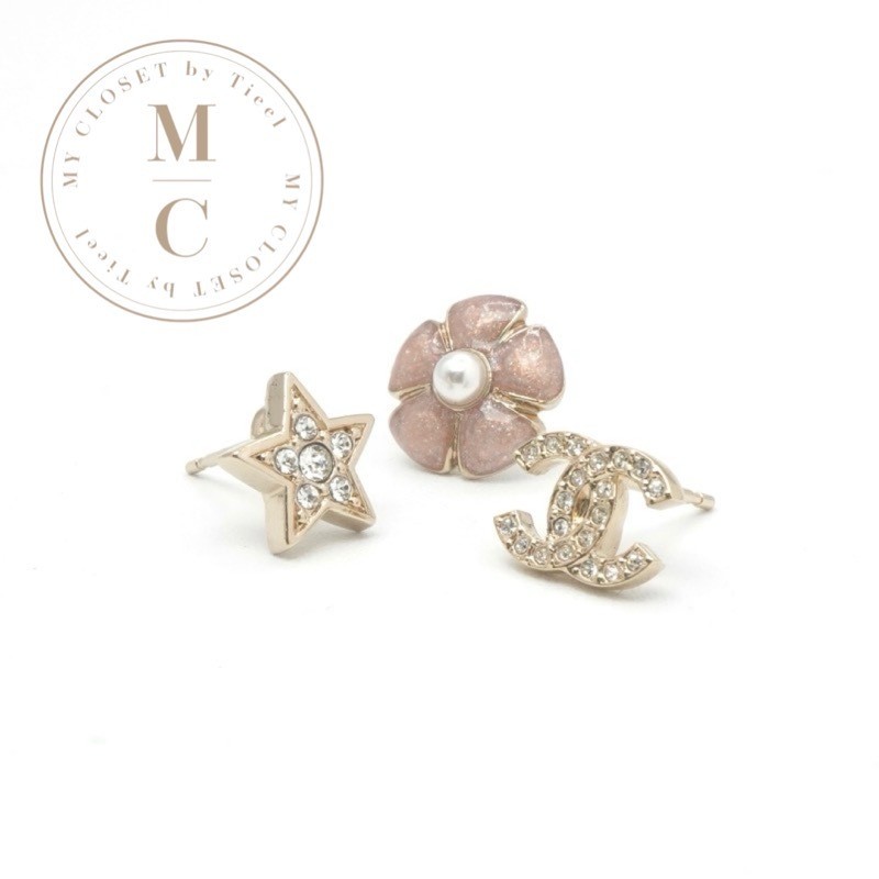 CHANEL Earrings Gold Pink Coco Mark Flower Star Rhinestone 3 Piece Set