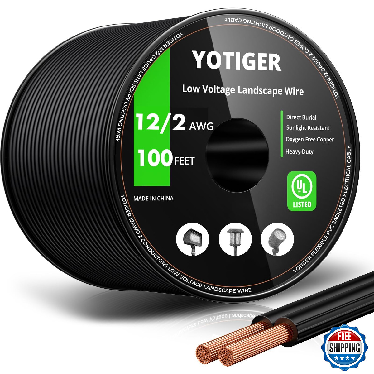 YOTIGER 12 Gauge 100FT Low Voltage Landscape Wire 12/2 UL Certified Direct Buria