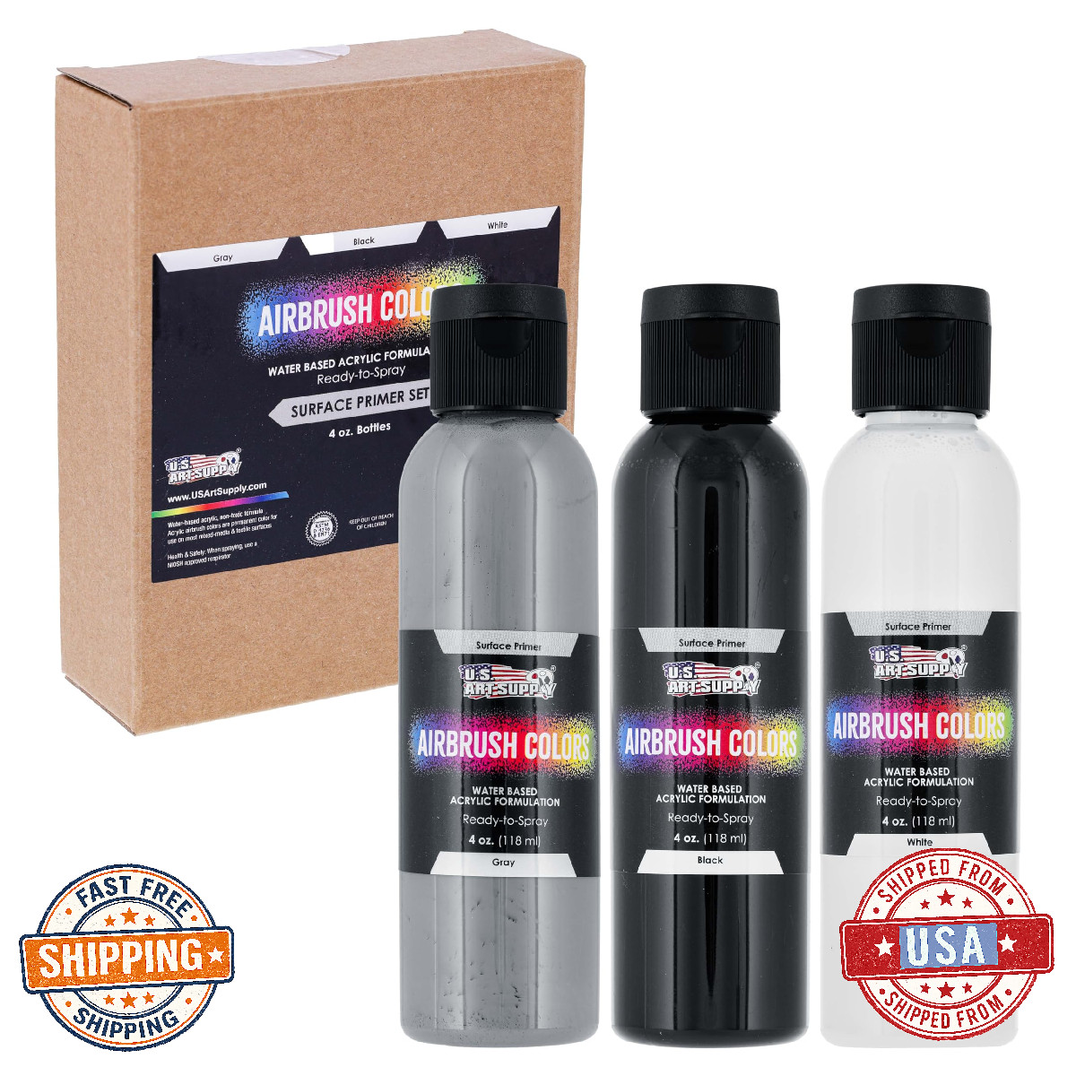 U.S. Art Supply Airbrush Primer Paint Set: Black, White, Gray - 3x 4oz Bottles