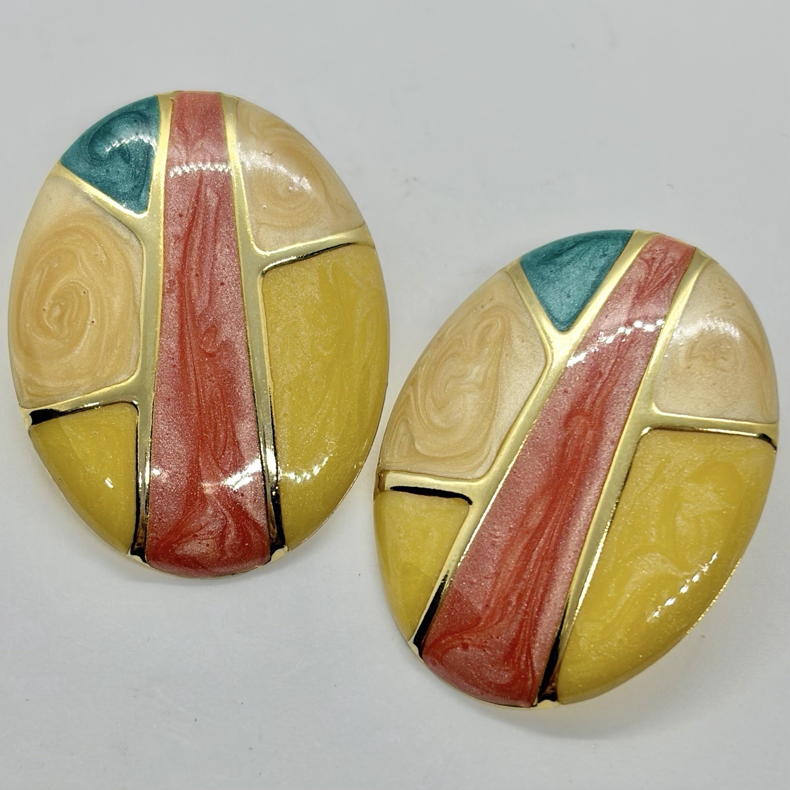 Vtg Big 80’s Cloisonne Enamel Oval Statement Earrings Yellow Pink Post Large