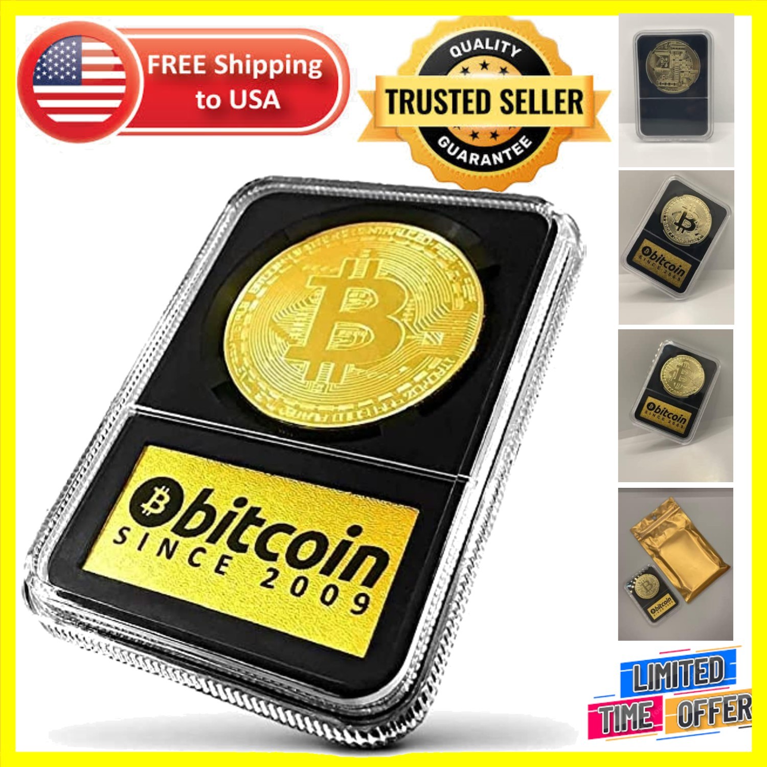 Elegant Gold-Plated Bitcoin Coin with Bonus Crypto Challenge Coin & Case