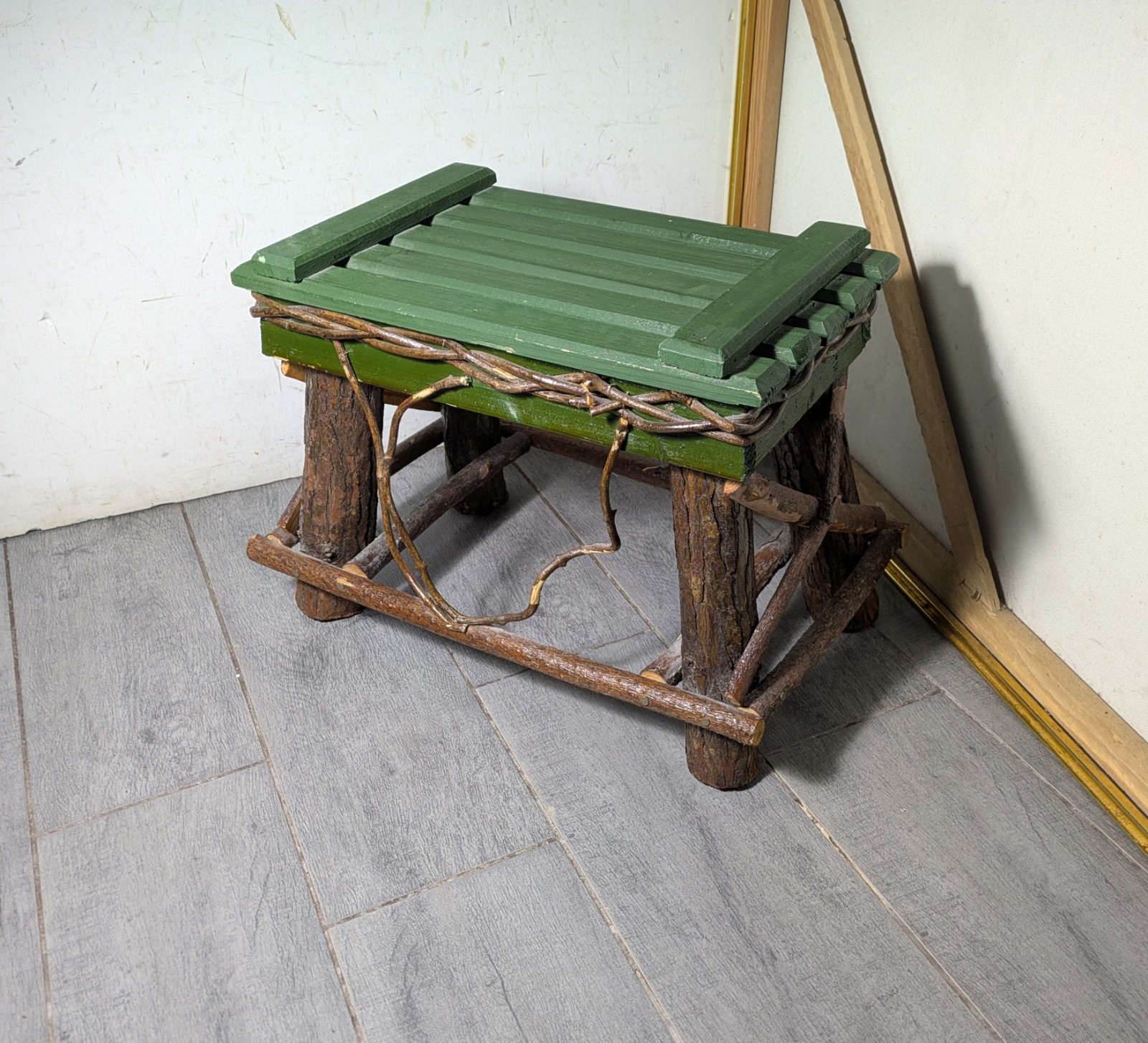 Vintage Rustic Primitive Log Twig Wood Footstool Cabin Lodge Adirondack Stool A