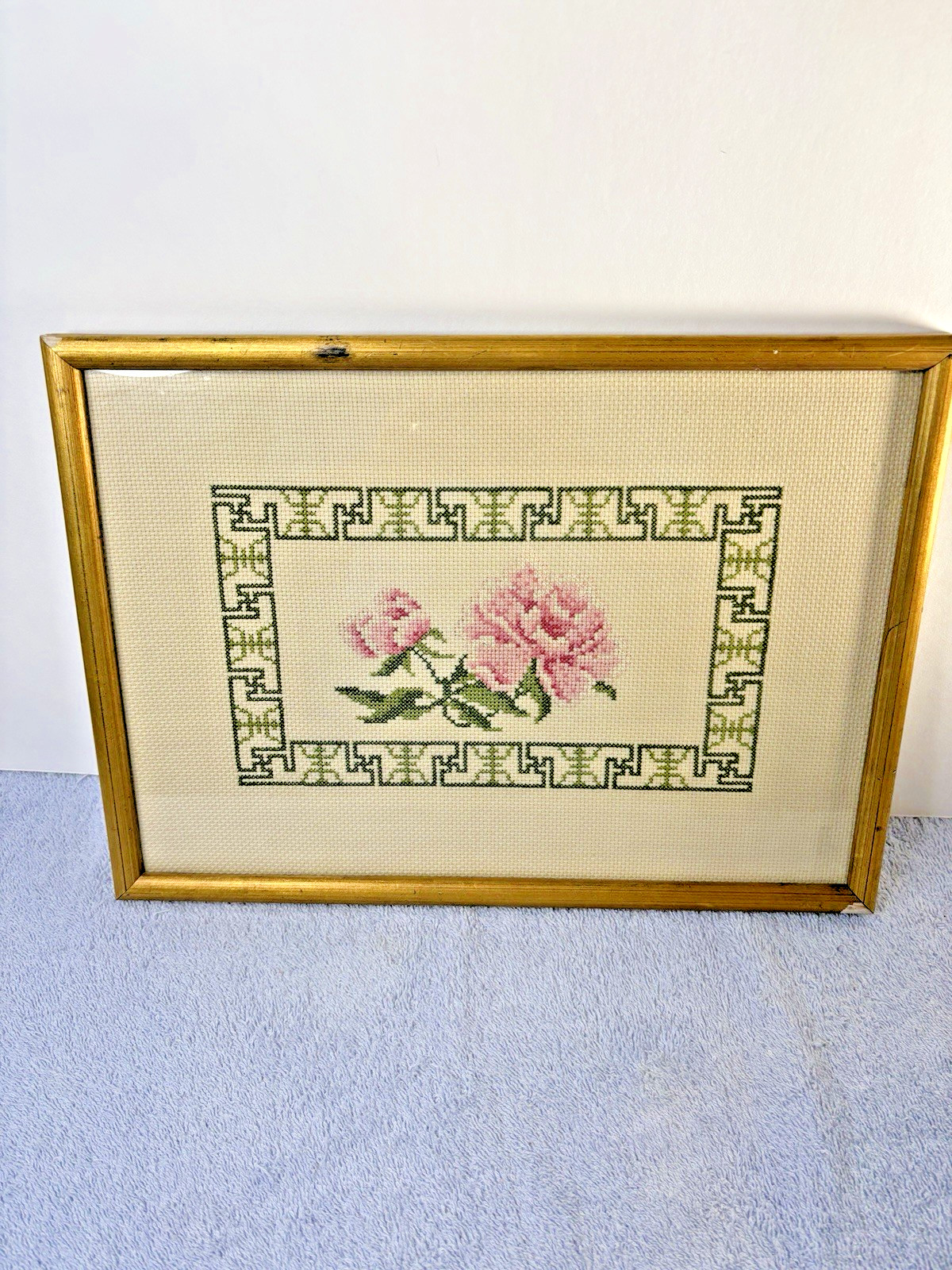  Vintage Glass  Framed Pink Floral Cross Stitched Flowers 10x8 Wall Hanging 