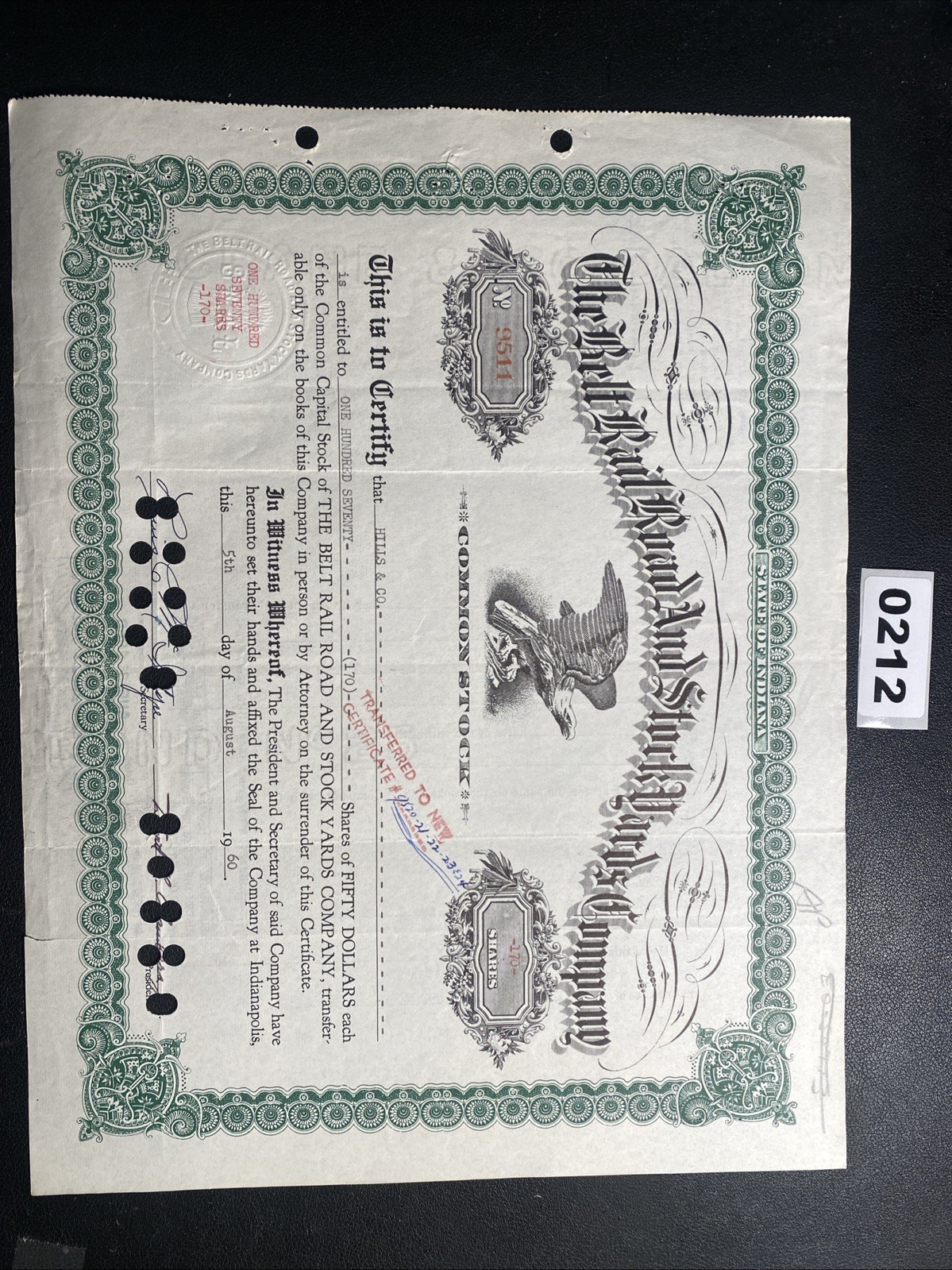 THE BELT RAILROAD AND STICK YARDS COMPANY Stock Certificate 1960 0212