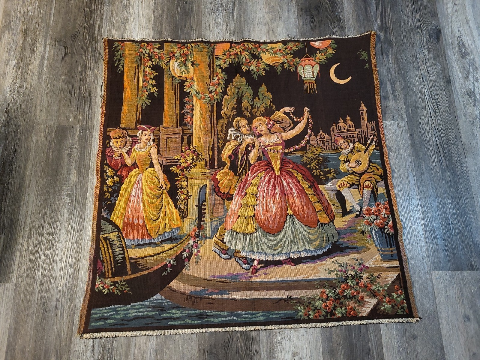 Antique Tapestry, Venice Canal, Moonlight Music, Courting, Belgium 38.5" x 39.5"