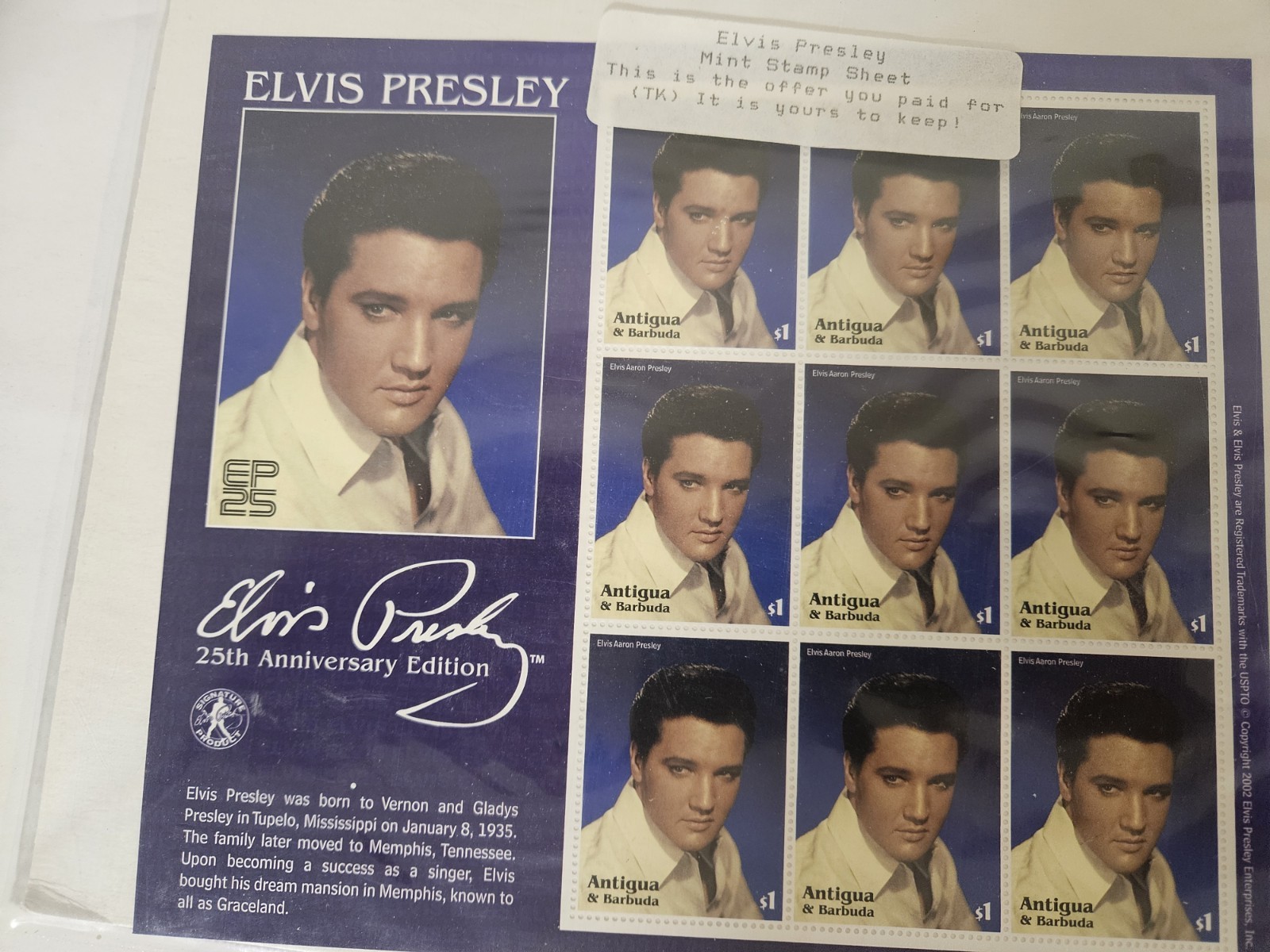 Antigua & Barbuda Elvis Presley 25th Anniversary Mint Souvenir Stamp Sheet $1