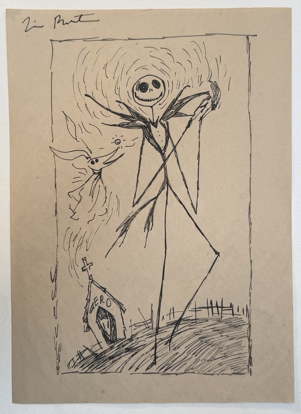 Tim Burton (Handmade) Drawing On Old Paper Signed, vtg art