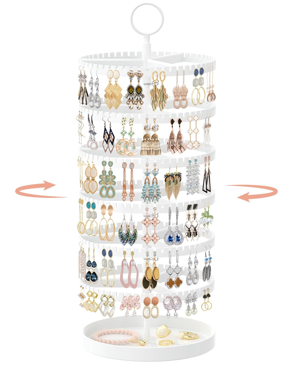 6 Tier Rotating Earring Holder Organizer with Metal Tray, Adjustable Plastic ...