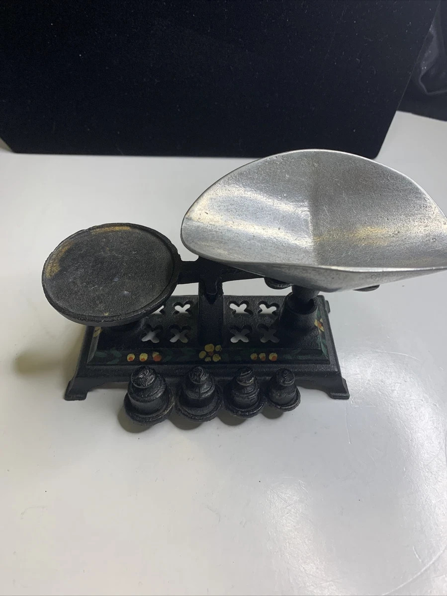 Vintage Cast Iron Miniature Balance Scale Painted Floral Design - Complete Set