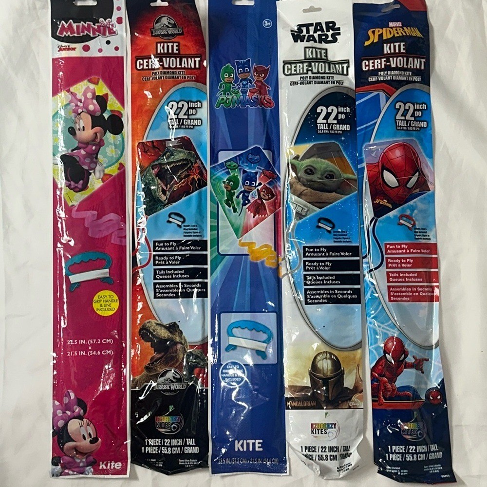 LOT of 5 Character Kites Disney Marvel Minnie Yoda Jurrasic World PJ Mask NEW