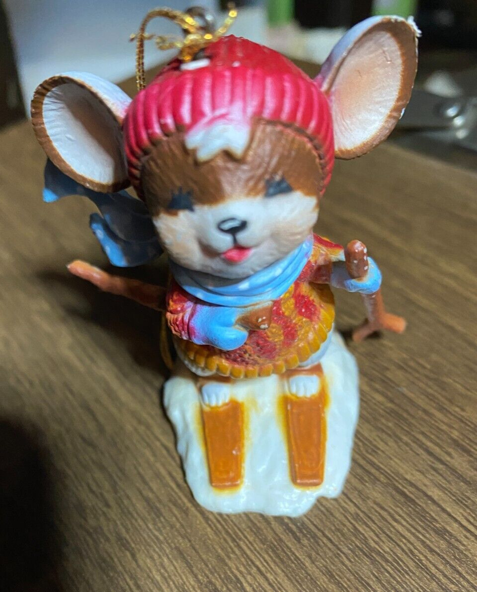 Vintage Skiing Mouse Mice Hard Plastic Christmas Ornament 2 1/2"