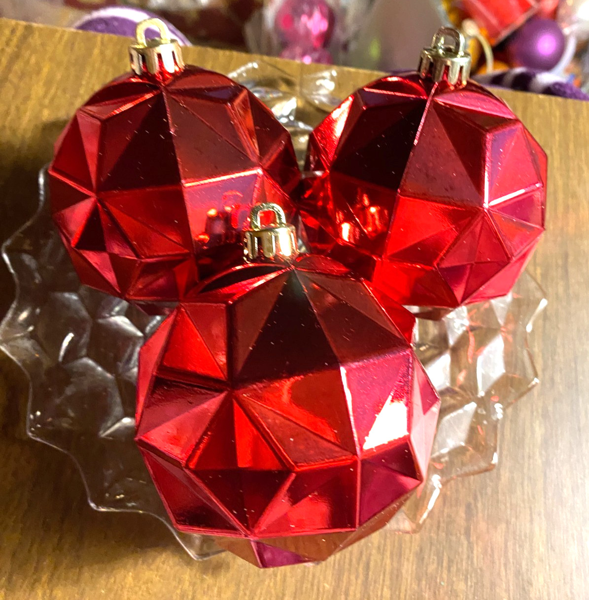 3 Red Shatterproof Geometric Design Christmas Ornaments 3"