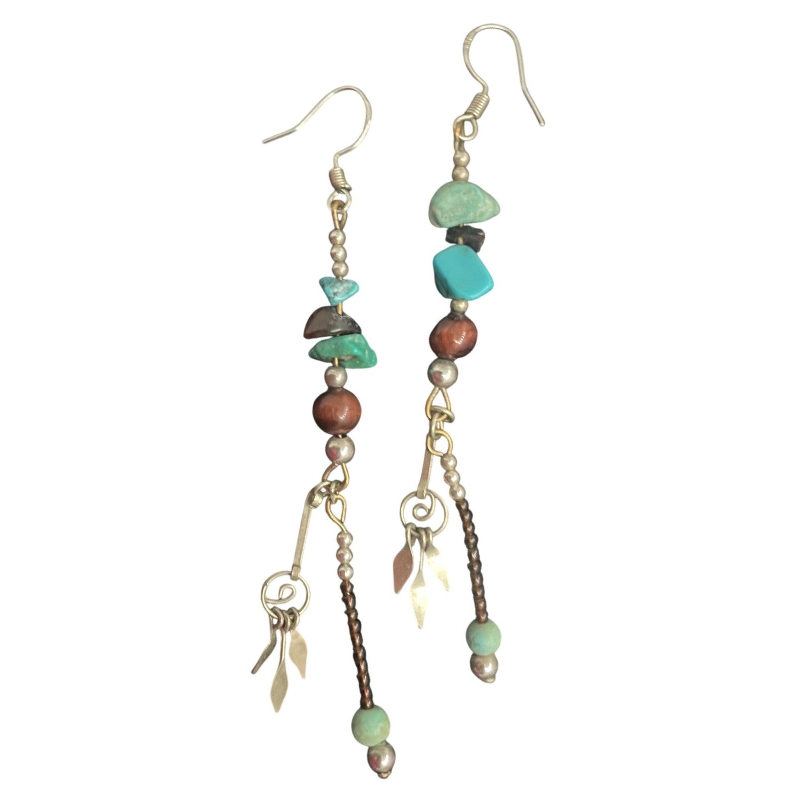 Vintage Sterling Silver Turquoise Multi-Stone Dangle Earrings 3.5" Blue Brown