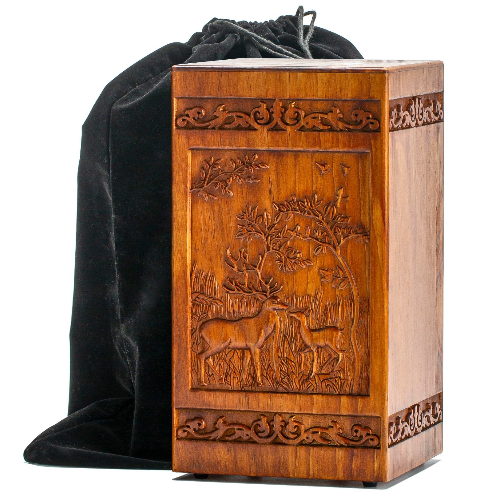 Large Wooden Cremation Urn for Human Ashes, Carved Deer, XL- 250lbs