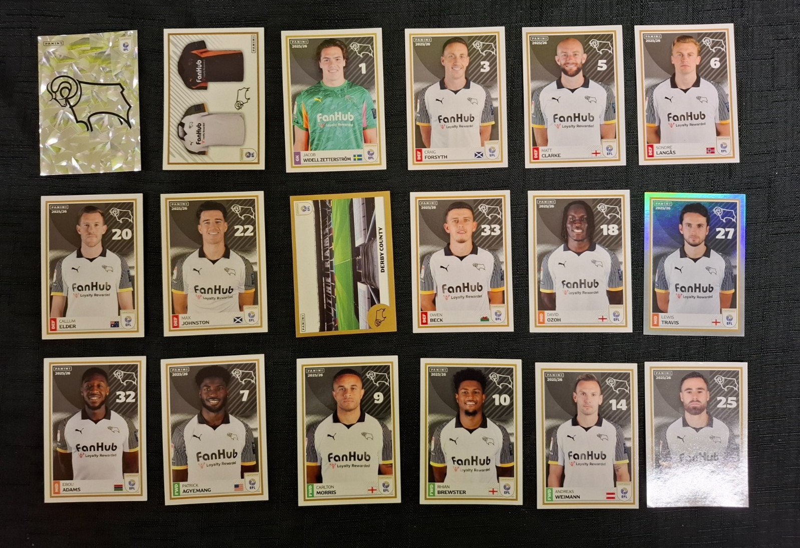 18 DERBY COUNTY PANINI STICKERS 2025/26 COLLECTION INCL. FULL TEAM & SHINY BADGE
