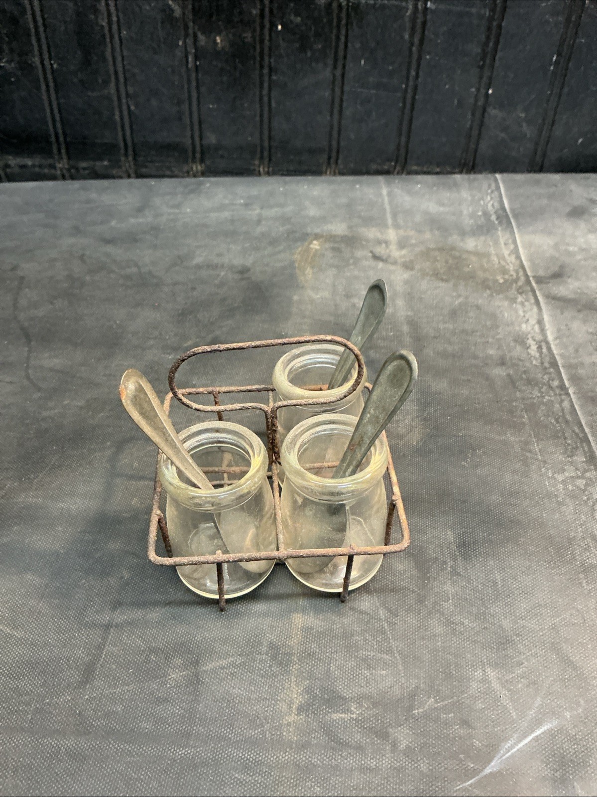 Vintage child's milk bottles with wire carrier caddy 3.5in Bottle Holder